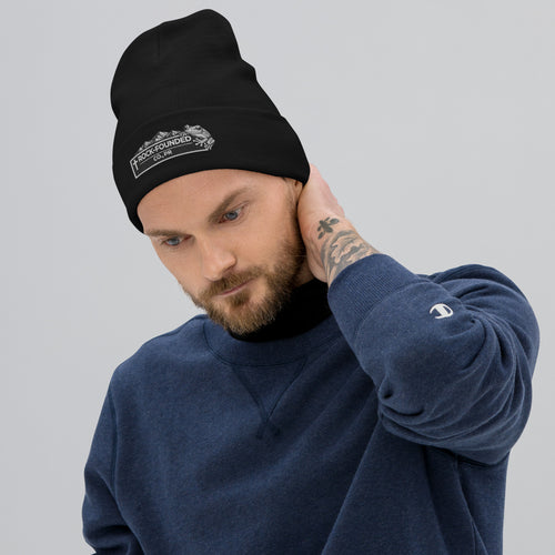 Rock-Founded Coquí embroidered beanie in black, front view